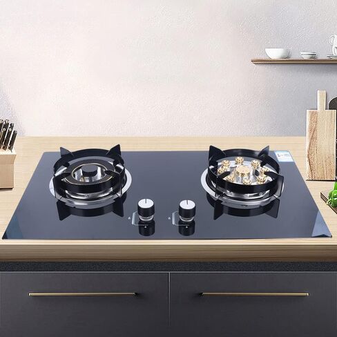 Natural Gas Cooktop Tempered Glass Double Burners Stove with Anti-tempering Protection, Left 4.2kw Right 5.2kw, Strong Flame in Saudi Arabia
