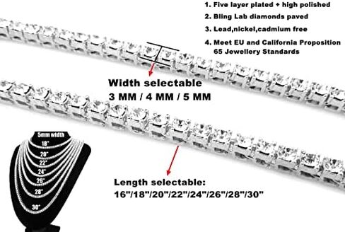 HH BLING EMPIRE Gold Silver Iced Out Diamond Tennis Chain Necklace for Men Women, Rhinestone Tennis Necklaces for Women and Teens, Tennis and Cuban Link Chains 18-30 Inches in Saudi Arabia