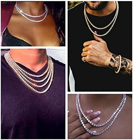 HH BLING EMPIRE Gold Silver Iced Out Diamond Tennis Chain Necklace for Men Women, Rhinestone Tennis Necklaces for Women and Teens, Tennis and Cuban Link Chains 18-30 Inches in Saudi Arabia