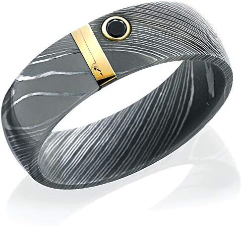 Kobelli Damascus Steel 7mm Domed Band with 2mm 14K Yellow Gold Vertical Inlay and Black Diamond in Saudi Arabia