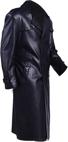 LP-FACON Men's Double Breasted Long Length Leather Coat - Winter Black Trench Coat Overcoat in Kuwait