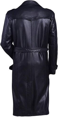LP-FACON Men's Double Breasted Long Length Leather Coat - Winter Black Trench Coat Overcoat in Kuwait