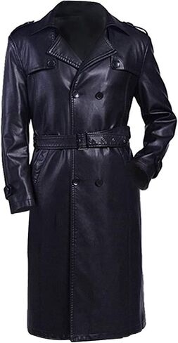 LP-FACON Men's Double Breasted Long Length Leather Coat - Winter Black Trench Coat Overcoat in Kuwait