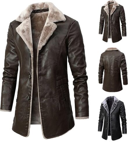 Men's Faux Leather Jackets Winter Fleece Sherpa Lined Trench Coats Long Heavyweight Motorcycle Jackets Vintage Coats in Kuwait