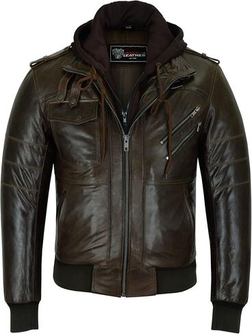سترة Sven Bomber للرجال من Vance Leathers مصنوعة من جلد البقر الفاخر باللون الأسود المشمع مع غطاء رأس قابل للإزالة in Kuwait