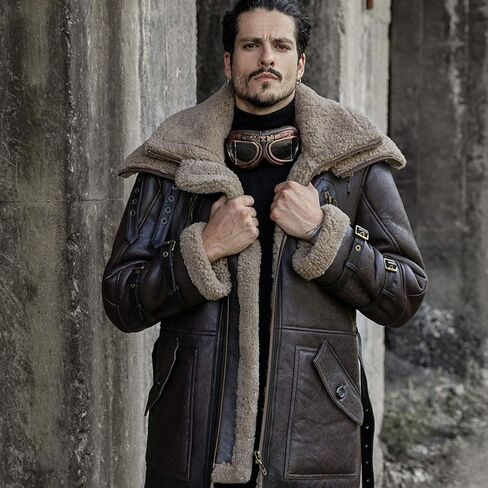 2018 Mens Shearling Sheepskin Jacket Classic Fur Collar Fashion Long Style Coat Black Winter Warm Clothing in Saudi Arabia