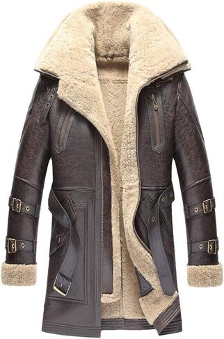 2018 Mens Shearling Sheepskin Jacket Classic Fur Collar Fashion Long Style Coat Black Winter Warm Clothing in Saudi Arabia