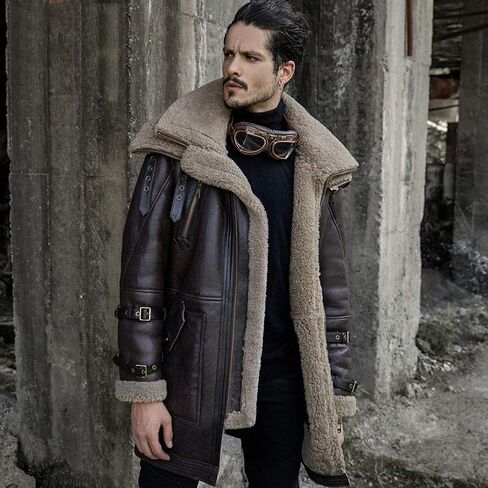2018 Mens Shearling Sheepskin Jacket Classic Fur Collar Fashion Long Style Coat Black Winter Warm Clothing in Saudi Arabia