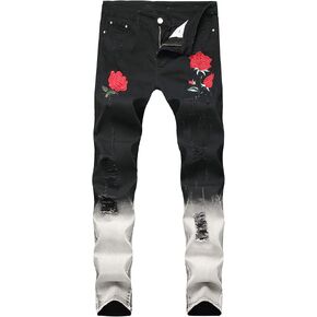 Rayiisuy Men's Black Skinny Jeans with Hole Ripped Distressed Elastic Fashion Rose Embroidery Demin Pants Size 28-38 in Kuwait