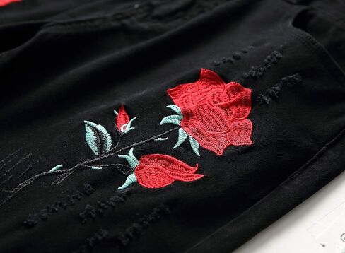 Rayiisuy Men's Black Skinny Jeans with Hole Ripped Distressed Elastic Fashion Rose Embroidery Demin Pants Size 28-38 in Saudi Arabia