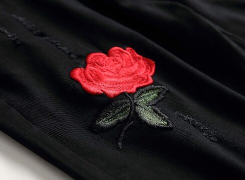 Rayiisuy Men's Black Skinny Jeans with Hole Ripped Distressed Elastic Fashion Rose Embroidery Demin Pants Size 28-38 in Saudi Arabia