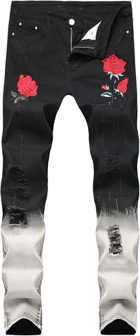 Rayiisuy Men's Black Skinny Jeans with Hole Ripped Distressed Elastic Fashion Rose Embroidery Demin Pants Size 28-38 in Saudi Arabia