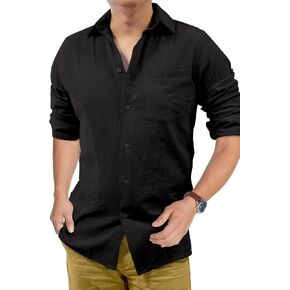 Men's Loose-Fit Long-Sleeve Untucked Cotton Linen Business Casual Button Down Shirt with Pocket in Saudi Arabia