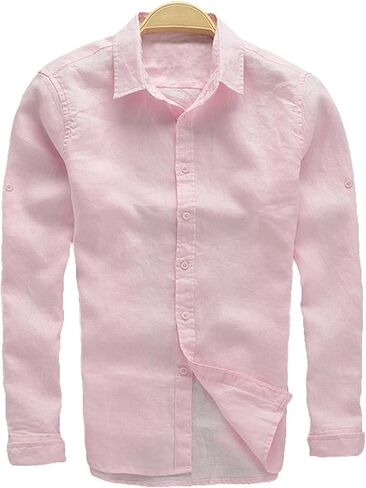 Youhan Men's Long Sleeve Fitted Linen Shirt in Kuwait