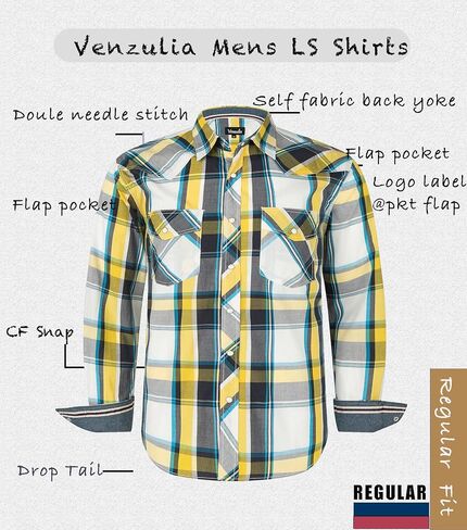 VENZULIA Men's Western Snap Shirt Long Sleeve Regular Fit Plaid Shirts in Kuwait