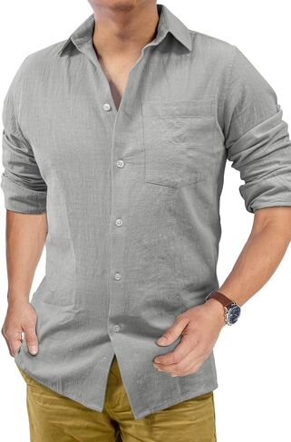 Men's Loose-Fit Long-Sleeve Untucked Cotton Linen Business Casual Button Down Shirt with Pocket in Saudi Arabia