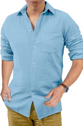 Men's Loose-Fit Long-Sleeve Untucked Cotton Linen Business Casual Button Down Shirt with Pocket in Saudi Arabia