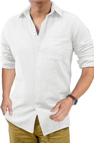Men's Loose-Fit Long-Sleeve Untucked Cotton Linen Business Casual Button Down Shirt with Pocket in Saudi Arabia