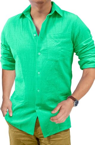 Men's Loose-Fit Long-Sleeve Untucked Cotton Linen Business Casual Button Down Shirt with Pocket in Saudi Arabia