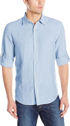قميص Perry Ellis رجالي بأكمام طويلة من القطن والكتان الصلب بأزرار سفلية (مقاس صغير-Xx-Large) in Kuwait