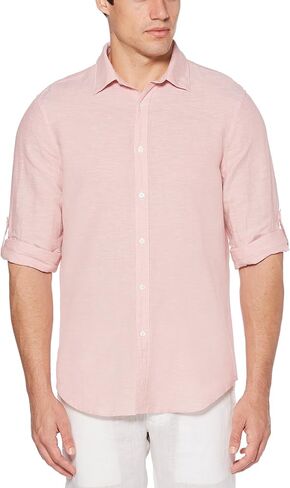 قميص Perry Ellis رجالي بأكمام طويلة من القطن والكتان الصلب بأزرار سفلية (مقاس صغير-Xx-Large) in Kuwait