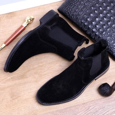 Santimon Mens Chealsea Ankle Boots Suede Leather Black Tan in Kuwait