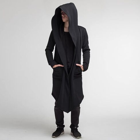 Mens Long Hooded Cardigan Vintage Gothic Cloak Coat Shawl Collar Open Front Drape Cape Overcoat with Pockets in Saudi Arabia