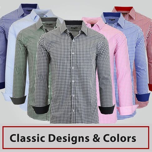 Galaxy by Harvic Men's Long Sleeve Gingham Dress Shirts, Cotton Polyester Slim Fit Shirt for Business Casual Outdoors (S-3XL) in Kuwait