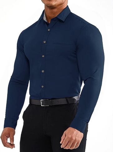 Conmite Men's Muscle Fit Dress Shirts Casual Long Sleeve Shirt Stretch Button Down Wrinkle Free Work Shirts with Pocket in Saudi Arabia