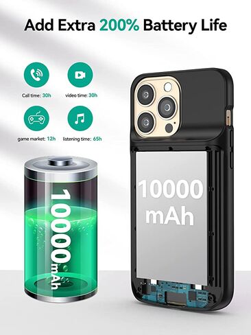 حافظة بطارية NEWDERY لهاتف iPhone 14 Pro/14/13 Pro/13 10000 مللي أمبير، شحن لاسلكي وسماعات أذن سلكية ودعم بيانات المزامنة، حافظة شاحن محمولة ممتدة لهاتف iPhone 14/13 Pro، 6.1 بوصة (ليس لـ 14 Plus) in Kuwait