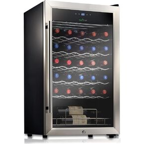 NutriChef Compressor Refrigerator White & Red Chiller Countertop Cooler-Freestanding Compact Mini Wine 15 Bottle Capacity, Digital, Glass Door, Black, Quiet Operation Fridge Touch Temperature Control in Kuwait