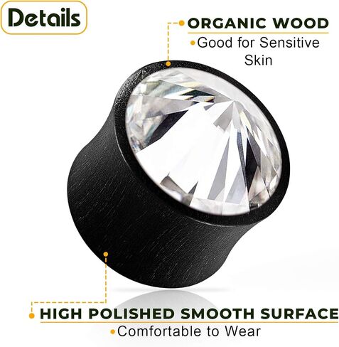 BIG GAUGES Pair of Areng Wood Double Flared Clear Crystal Piercing Jewelry Ear Stretcher Plugs Flesh Earring Lobe in Saudi Arabia