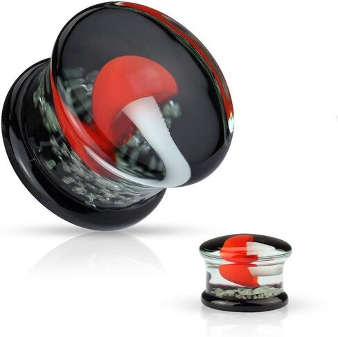 Pyrex Glass Double Flare Plugs Black Back with Red and White Mushroom on Glow in The Dark Sparkles in Saudi Arabia