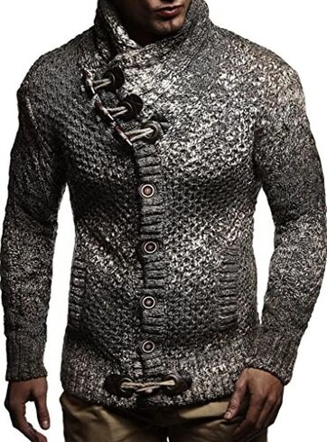 Leif Nelson LN20738 Men's Knitted Turtleneck Cardigan with Faux Leather Accents in Saudi Arabia