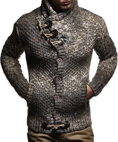 Leif Nelson LN20738 Men's Knitted Turtleneck Cardigan with Faux Leather Accents in Saudi Arabia