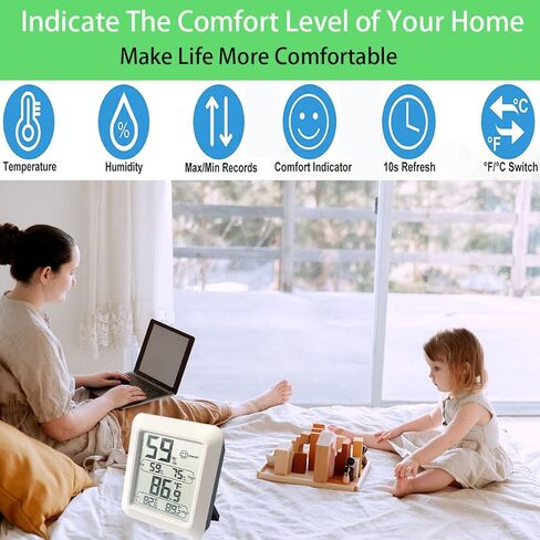 جهاز قياس درجة الحرارة والرطوبة الرقمي، جهاز استشعار كبير بشاشة LCD كبيرة الحجم، جهاز قياس درجة حرارة الغرفة الداخلية، مؤشر راحة الهواء للحيوانات الأليفة، الزواحف، الدفيئة، الطابق السفلي، المرطب، الجيتار، المكتب، القبو in Kuwait