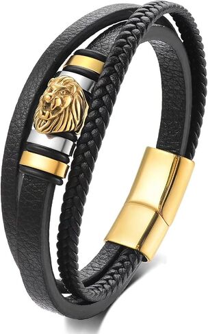 Mens Black braided leather Bangle Bracelet, Vintage Stainless Steel Roaring Lion Head, Two-row in Saudi Arabia