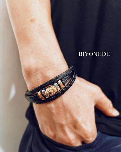 Mens Black braided leather Bangle Bracelet, Vintage Stainless Steel Roaring Lion Head, Two-row in Saudi Arabia
