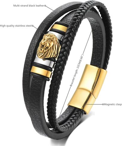 Mens Black braided leather Bangle Bracelet, Vintage Stainless Steel Roaring Lion Head, Two-row in Saudi Arabia