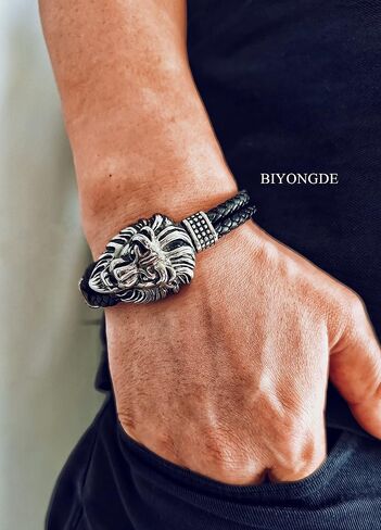 Mens Black braided leather Bangle Bracelet, Vintage Stainless Steel Roaring Lion Head, Two-row in Kuwait