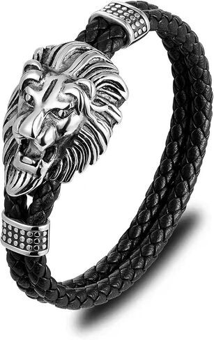 Mens Black braided leather Bangle Bracelet, Vintage Stainless Steel Roaring Lion Head, Two-row in Saudi Arabia