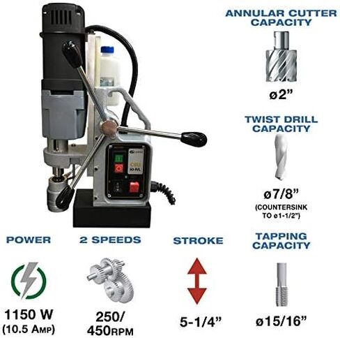 سي اس يونيتيك | آلة الحفر المغناطيسية المحمولة CSU 50RLS | ماكينة حفر كهربائية فوق الطاولة بسرعتين بقدرة 1150 وات مع قطر يصل إلى 2 بوصة وعمق القطع 5-1/4 بوصة | ذو وجهين - اضغط حتى قطر 15/16 بوصة in Kuwait