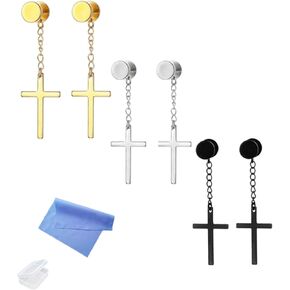 XHBTS 6 Pieces Dangle Cross Earrings Stainless Steel for Men Women Black Silver Gold for Women Men with Mini Cloth and Mini Box in Kuwait