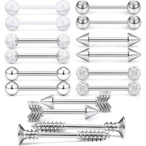 Hoeudjo Nipple Rings 14G Stainless Steel & Clear Bioflex Acrylic Tongue Barbell PA Bars Retainer Body Piercing Jewelry for Women Men 16 Pieces 14mm(9/16Inch) in Saudi Arabia