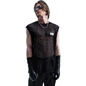 قميص WDIRARA رجالي من شبكة صيد السمك ذو شبكة شفافة ورقبة دائرية بدون أكمام شفاف من خلال Goth Tank Top in Kuwait