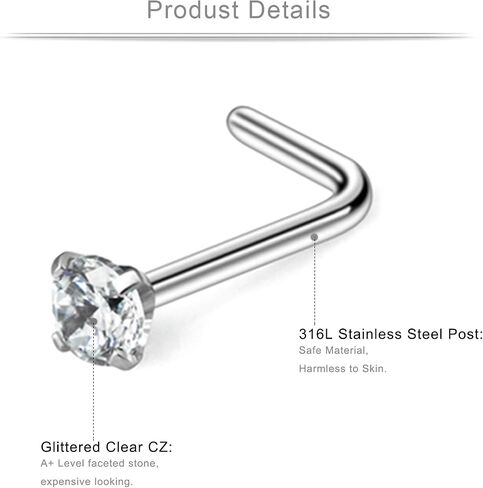 Ruifan 10-40PCS 20G Surgical Steel Diamond CZ Nose Stud Rings L Shaped Piercing Jewelry 1.5mm 2mm 2.5mm 3mm in Saudi Arabia