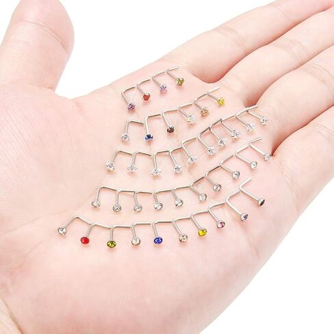 Ruifan 10-40PCS 20G Surgical Steel Diamond CZ Nose Stud Rings L Shaped Piercing Jewelry 1.5mm 2mm 2.5mm 3mm in Saudi Arabia