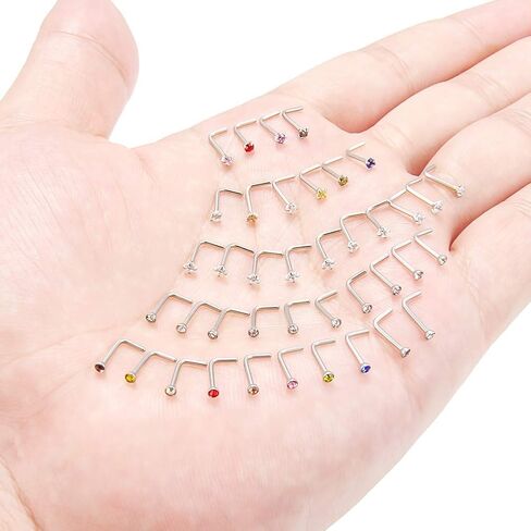 Ruifan 10-40PCS 20G Surgical Steel Diamond CZ Nose Stud Rings L Shaped Piercing Jewelry 1.5mm 2mm 2.5mm 3mm in Saudi Arabia