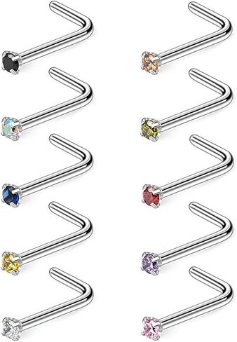 Ruifan 10-40PCS 20G Surgical Steel Diamond CZ Nose Stud Rings L Shaped Piercing Jewelry 1.5mm 2mm 2.5mm 3mm in Saudi Arabia