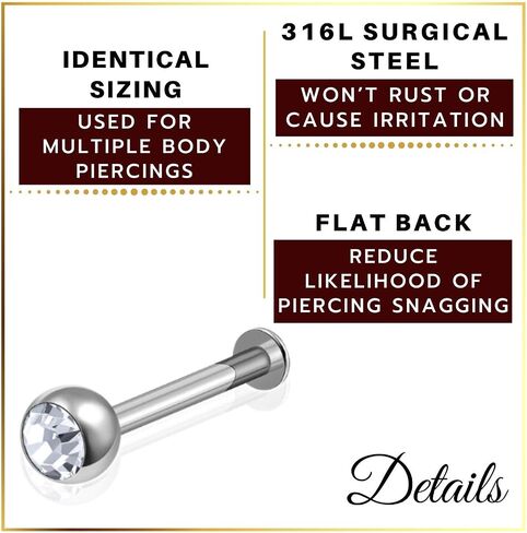 4Pcs Steel 16g 3/8 10mm labret Jewelry Piercing Lip Medusa Monroe Tragus Vertical 2.5mm Round 4mm CL RO FU LSI Crystal M6413 in Saudi Arabia